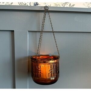 Vintage Amber Glass Hanging Lantern Pot Copper Band Mid Century Modern Tiki Boho